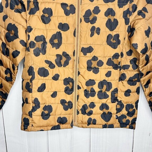 GAP Kids Girls Sz L Puffer Jacket Brown Black Animal Print Hooded Full Zip - Picture 3 of 8